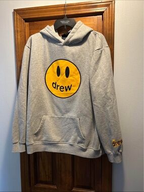 Justin Bieber  Drew House Mascot Gray Crewneck Hoodie with Yellow Smiley Logo